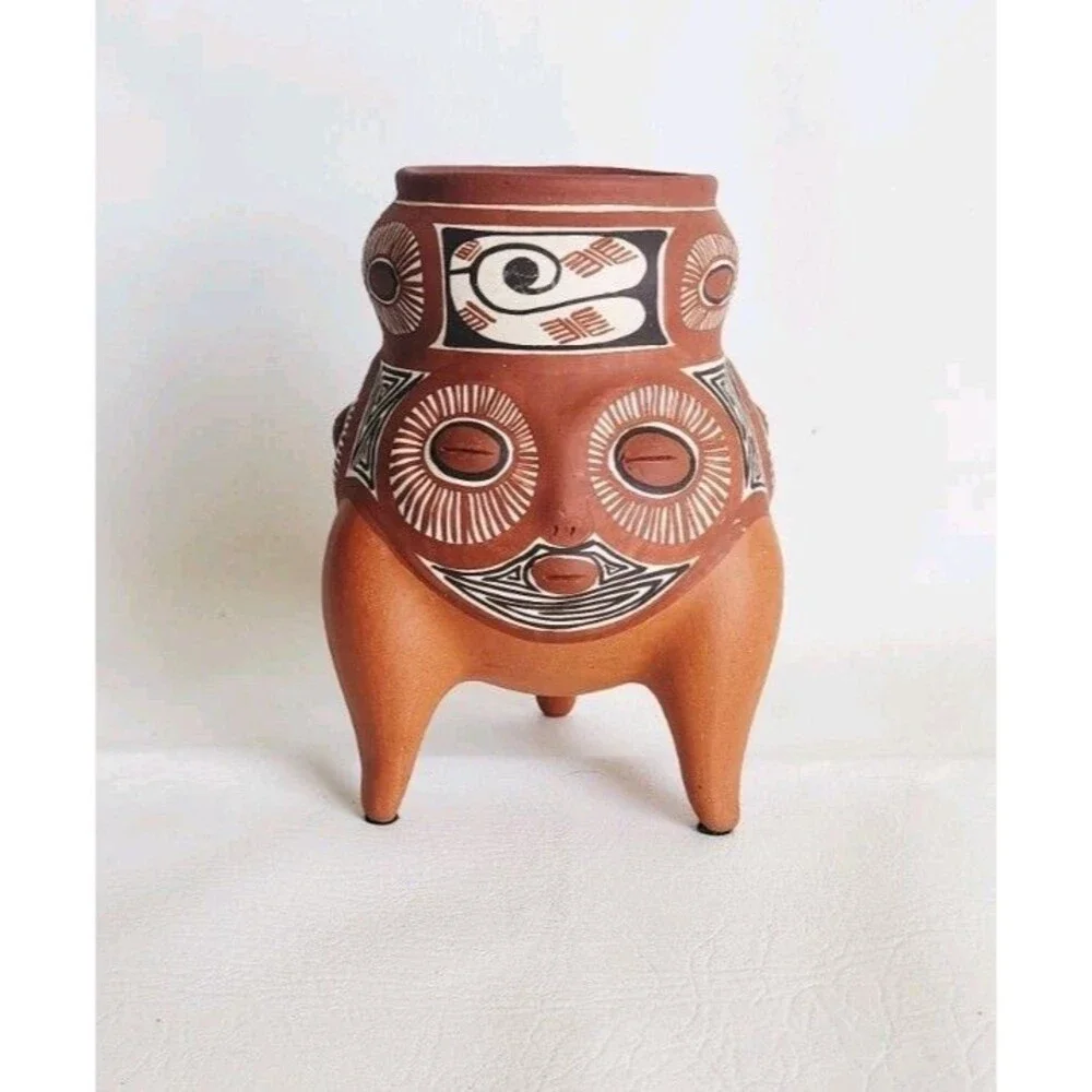 Venezuelan Folk Art Handmade Hand Painted Tree Face Small Terracotta Vase